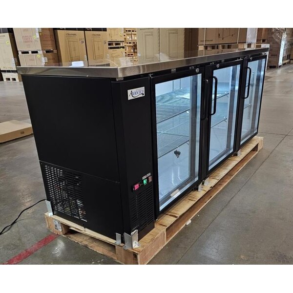 Scratch and Dent Avantco UBB-4G-HC 90" Black Counter Height Glass Door Back Bar Refrigerator with LED Lighting