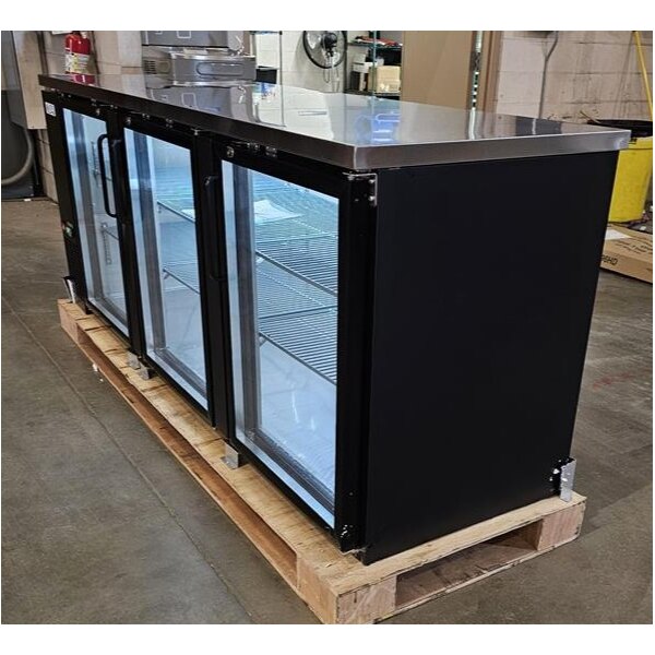 Scratch and Dent Avantco UBB-4G-HC 90" Black Counter Height Glass Door Back Bar Refrigerator with LED Lighting