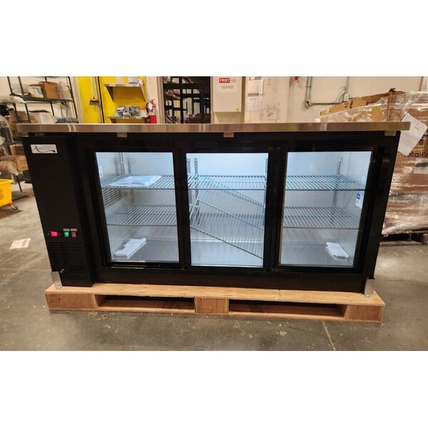 Scratch and Dent Avantco UBB-72S-HC 73" Black Counter Height Narrow Sliding Glass Door Back Bar Refrigerator with LED Lighting