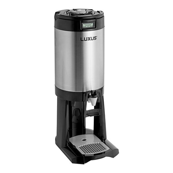Scratch and Dent Fetco L4D-20TLA Luxus 2 Gallon Stainless Steel Hands-Free Coffee Dispenser with Stand and Antimicrobial Handle