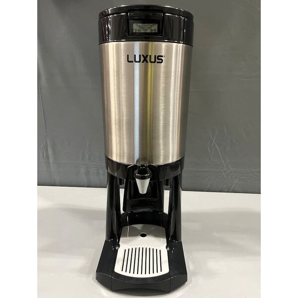 Scratch and Dent Fetco L4D-20TLA Luxus 2 Gallon Stainless Steel Hands-Free Coffee Dispenser with Stand and Antimicrobial Handle