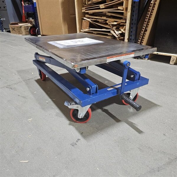 Scratch and Dent Vestil 37 7/16" x 23 5/8" Blue Steel Manual Scissor Lift Cart with 18"-40" Lift and 660 lb. Capacity CART-660-M