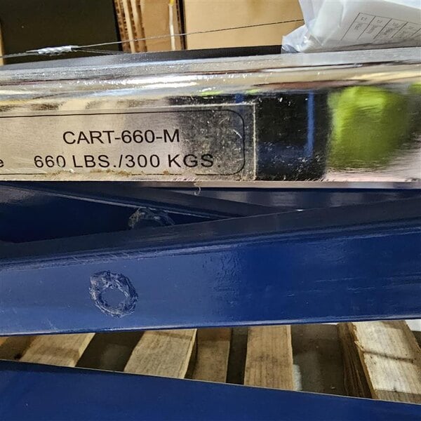 Scratch and Dent Vestil 37 7/16" x 23 5/8" Blue Steel Manual Scissor Lift Cart with 18"-40" Lift and 660 lb. Capacity CART-660-M