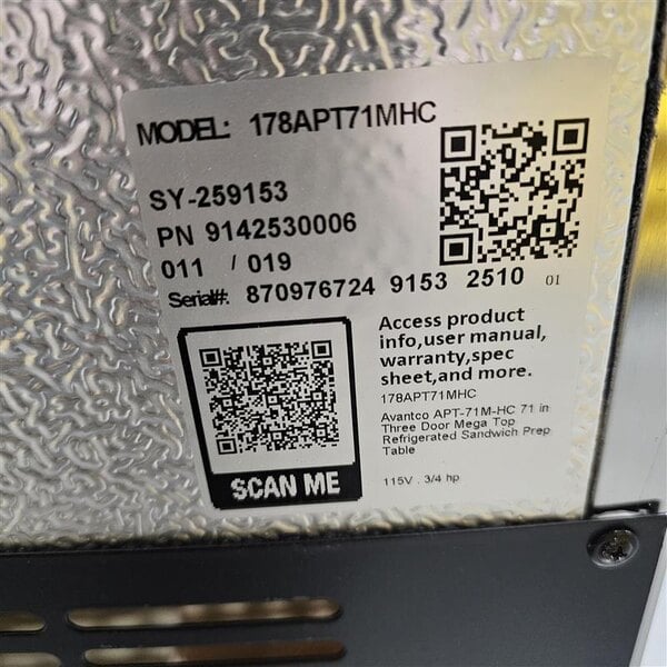 Scratch and Dent Avantco APT-71M-HC 70" 3 Door Mega Top Refrigerated Sandwich Prep Table