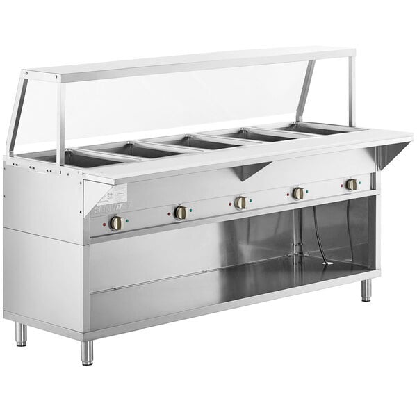 Scratch and Dent ServIt 423EST5WOPB Five Pan Open Well Electric Steam Table with Partially Enclosed Base and Angled Sneeze Guard - 208/240V, 3750W