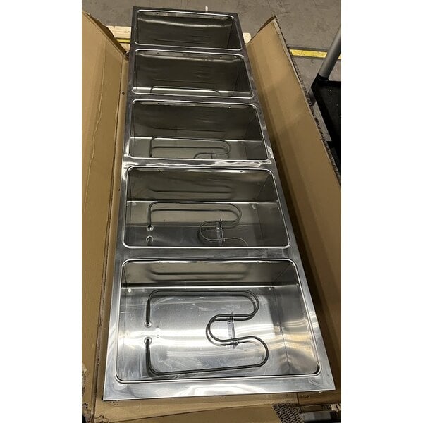 Scratch and Dent ServIt 423EST5WOPB Five Pan Open Well Electric Steam Table with Partially Enclosed Base and Angled Sneeze Guard - 208/240V, 3750W