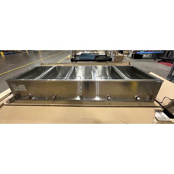 Scratch and Dent ServIt 423EST5WOPB Five Pan Open Well Electric Steam Table with Partially Enclosed Base and Angled Sneeze Guard - 208/240V, 3750W