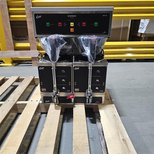 Scratch and Dent Curtis GEM-12D-10 Gemini Stainless Steel Twin Digital Satellite Coffee Brewer With Servers - 220V, 1 Phase