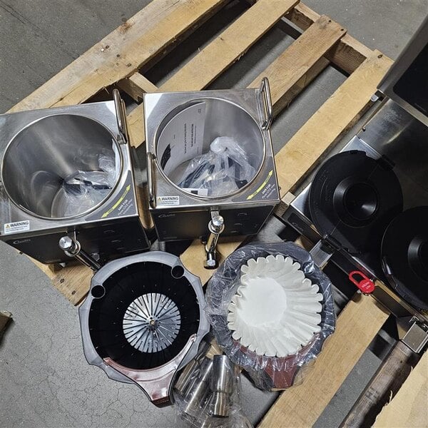 Scratch and Dent Curtis GEM-12D-10 Gemini Stainless Steel Twin Digital Satellite Coffee Brewer With Servers - 220V, 1 Phase