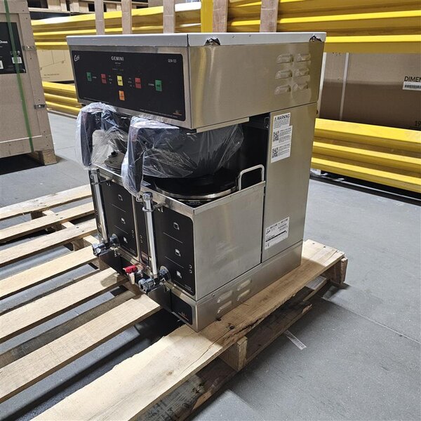 Scratch and Dent Curtis GEM-12D-10 Gemini Stainless Steel Twin Digital Satellite Coffee Brewer With Servers - 220V, 1 Phase