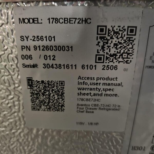 Scratch and Dent Avantco CBE-72-HC 72" 4 Drawer Refrigerated Chef Base