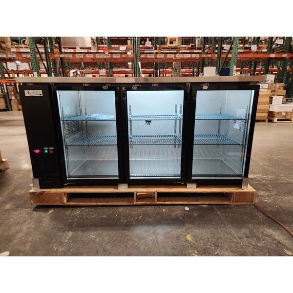 Scratch and Dent Avantco UBB-72G-HC 73" Black Counter Height Narrow Glass Door Back Bar Refrigerator with LED Lighting