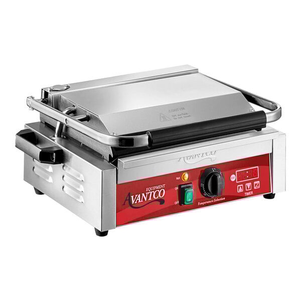 Scratch and Dent Avantco PG200ST Commercial Panini Sandwich Grill with Timer, Smooth Plates, and 13 3/8" x 8 3/4" Cooking Surface - 120V, 1750W