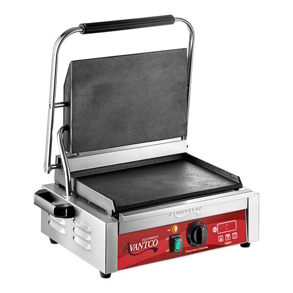 Scratch and Dent Avantco PG200ST Commercial Panini Sandwich Grill with Timer, Smooth Plates, and 13 3/8" x 8 3/4" Cooking Surface - 120V, 1750W