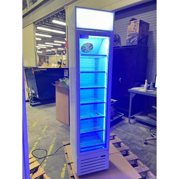 Scratch and Dent Galaxy GDN-5 16 9/16" White Swing Glass Door Merchandiser Refrigerator with Red, White, and Blue LED Lighting