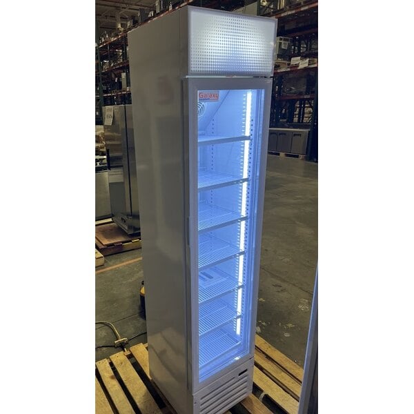 Scratch and Dent Galaxy GDN-5 16 9/16" White Swing Glass Door Merchandiser Refrigerator with Red, White, and Blue LED Lighting