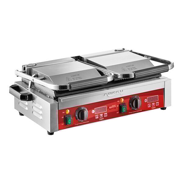 Scratch and Dent Avantco PG400GST Commercial Dual Panini Sandwich Grill with Timer, Grooved Top and Smooth Bottom Plates, and 19 5/8" x 9 1/8" Cooking Surface - 120V, 3500W