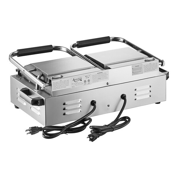 Scratch and Dent Avantco PG400GST Commercial Dual Panini Sandwich Grill with Timer, Grooved Top and Smooth Bottom Plates, and 19 5/8" x 9 1/8" Cooking Surface - 120V, 3500W