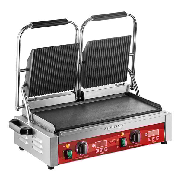 Scratch and Dent Avantco PG400GST Commercial Dual Panini Sandwich Grill with Timer, Grooved Top and Smooth Bottom Plates, and 19 5/8" x 9 1/8" Cooking Surface - 120V, 3500W