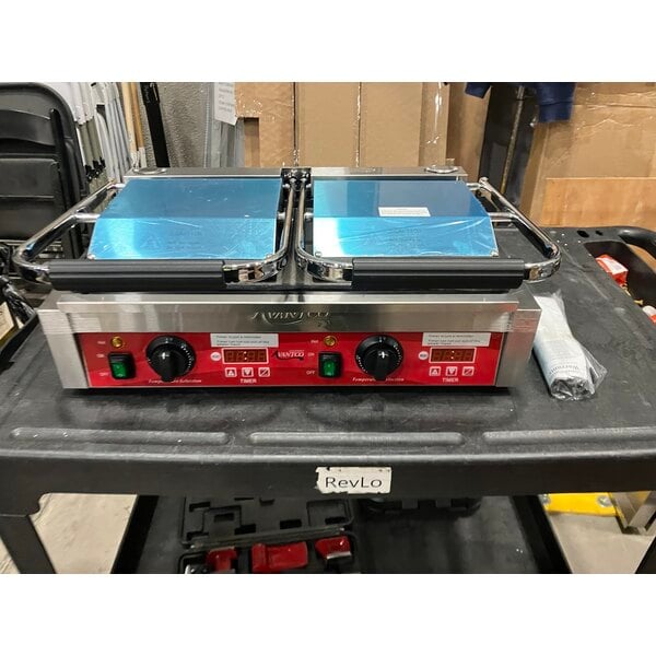 Scratch and Dent Avantco PG400GST Commercial Dual Panini Sandwich Grill with Timer, Grooved Top and Smooth Bottom Plates, and 19 5/8" x 9 1/8" Cooking Surface - 120V, 3500W