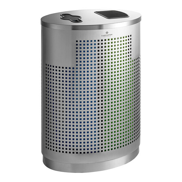 Scratch and Dent Lancaster Table & Seating 32 Gallon Stainless Steel Elliptical Two-Stream Decorative Trash Can with Trash and Recycle Openings