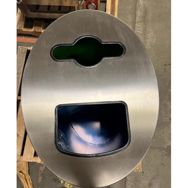Scratch and Dent Lancaster Table & Seating 32 Gallon Stainless Steel Elliptical Two-Stream Decorative Trash Can with Trash and Recycle Openings
