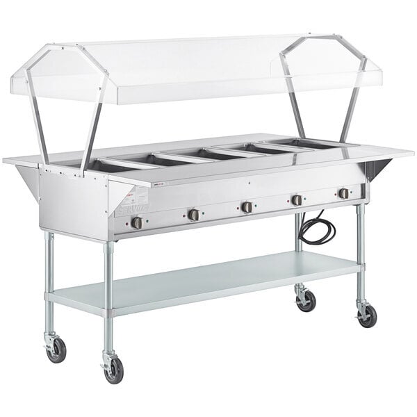 Scratch and Dent ServIt Five Pan Open Well Electric Steam Table with 2-Sided Sneeze Guard, (2) Fixed Tray Slides, and Casters - 208/240V, 3750W