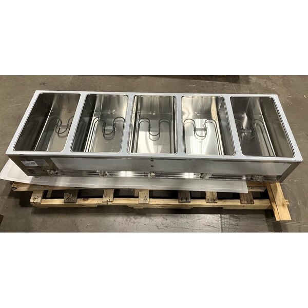 Scratch and Dent ServIt Five Pan Open Well Electric Steam Table with 2-Sided Sneeze Guard, (2) Fixed Tray Slides, and Casters - 208/240V, 3750W