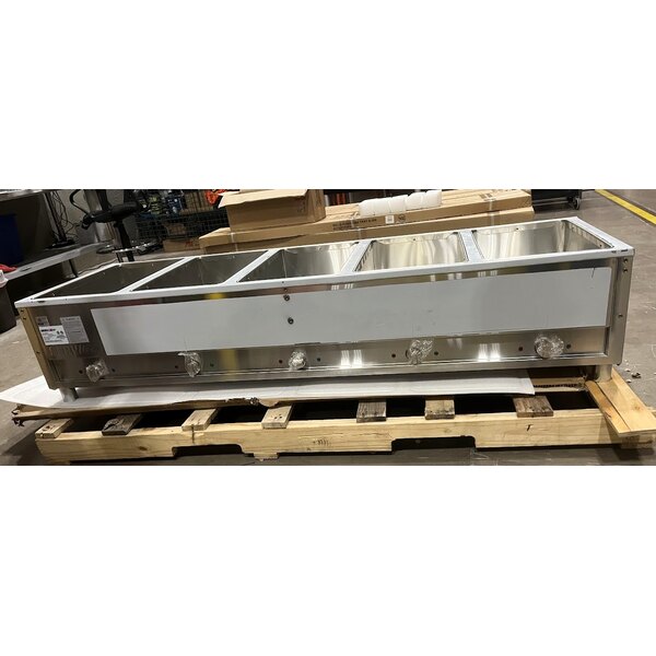 Scratch and Dent ServIt Five Pan Open Well Electric Steam Table with 2-Sided Sneeze Guard, (2) Fixed Tray Slides, and Casters - 208/240V, 3750W