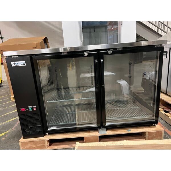 Scratch and Dent Avantco UBB-2G-HC 59" Black Counter Height Glass Door Back Bar Refrigerator with LED Lighting