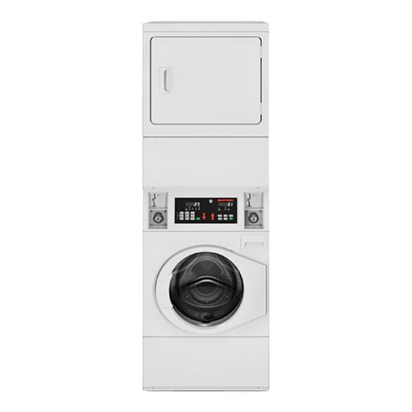 Scratch and Dent Speed Queen Quantum Gold Pro SV6000WG Stacked 3.42 cu. ft. 27" Front Load Electric Washer and 7.0 cu. ft. 27" Front Load Gas Powered Dryer - Coin Operated