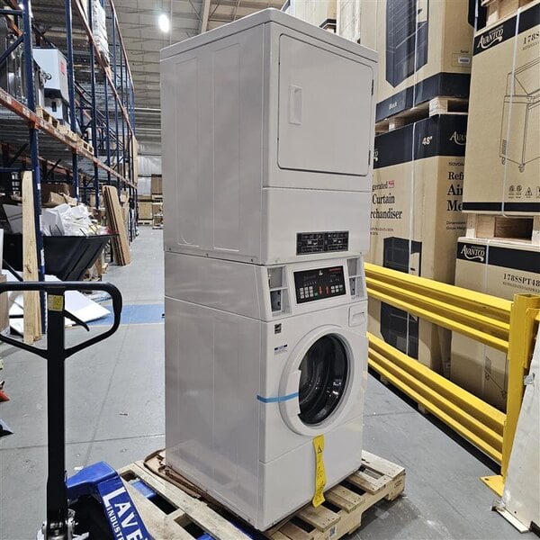 Scratch and Dent Speed Queen Quantum Gold Pro SV6000WG Stacked 3.42 cu. ft. 27" Front Load Electric Washer and 7.0 cu. ft. 27" Front Load Gas Powered Dryer - Coin Operated