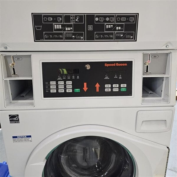 Scratch and Dent Speed Queen Quantum Gold Pro SV6000WG Stacked 3.42 cu. ft. 27" Front Load Electric Washer and 7.0 cu. ft. 27" Front Load Gas Powered Dryer - Coin Operated