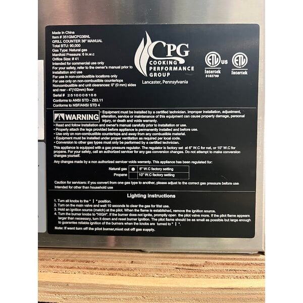 Scratch and Dent Cooking Performance Group GM-CPG-36-NL 36" Gas Countertop Griddle with Manual Controls - 90,000 BTU