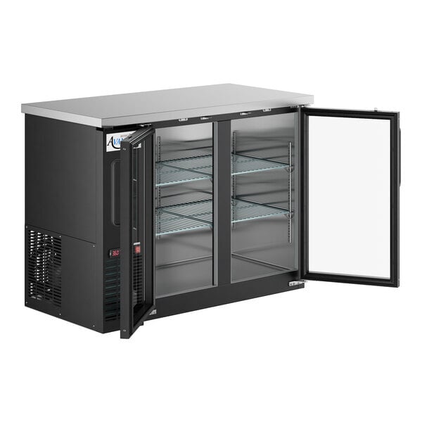 Scratch and Dent Avantco UBB-48G-HC 48" Black Counter Height Narrow Glass Door Back Bar Refrigerator with LED Lighting