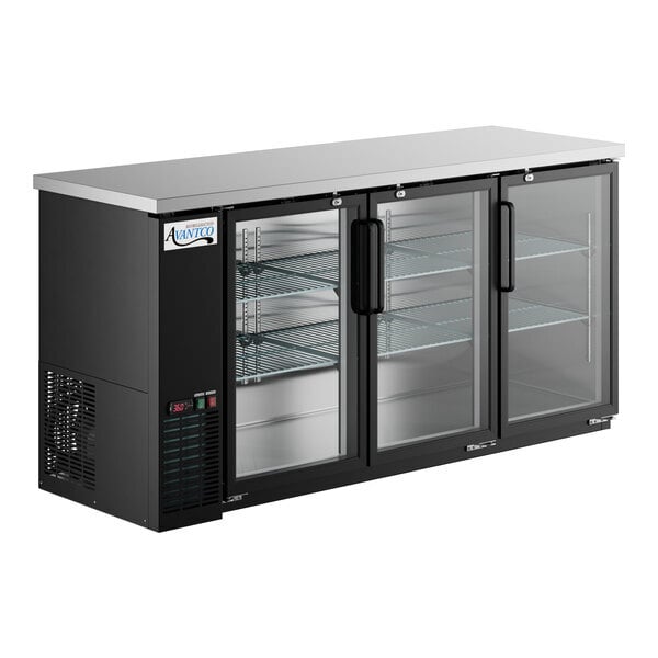 Scratch and Dent Avantco UBB-72G-HC 73" Black Counter Height Narrow Glass Door Back Bar Refrigerator with LED Lighting