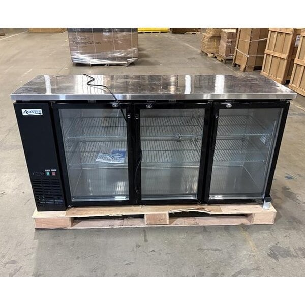 Scratch and Dent Avantco UBB-72G-HC 73" Black Counter Height Narrow Glass Door Back Bar Refrigerator with LED Lighting
