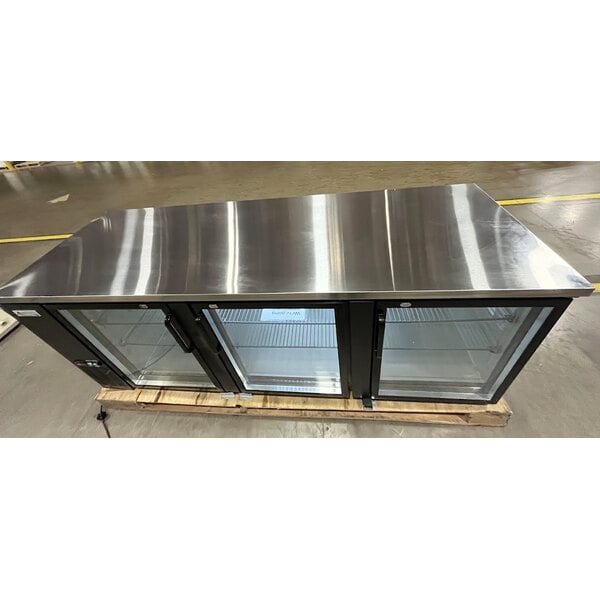 Scratch and Dent Avantco UBB-4G-HC 90" Black Counter Height Glass Door Back Bar Refrigerator with LED Lighting