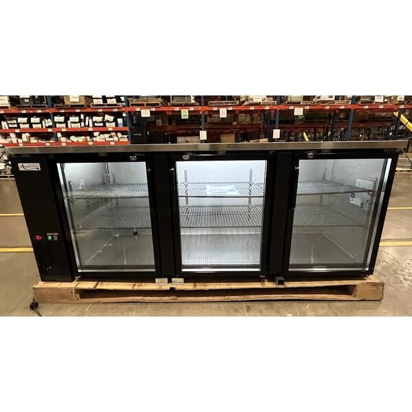Scratch and Dent Avantco UBB-4G-HC 90" Black Counter Height Glass Door Back Bar Refrigerator with LED Lighting