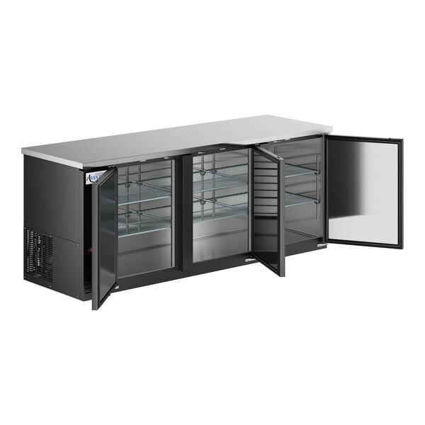 Scratch and Dent Avantco UBB-4-HC 90" Black Counter Height Solid Door Back Bar Refrigerator with LED Lighting