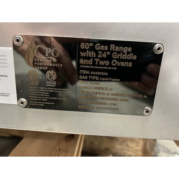 Scratch and Dent Cooking Performance Group S60-G24-L Liquid Propane 6 Burner 60" Range with 24" Griddle and 2 Standard Ovens - 280,000 BTU