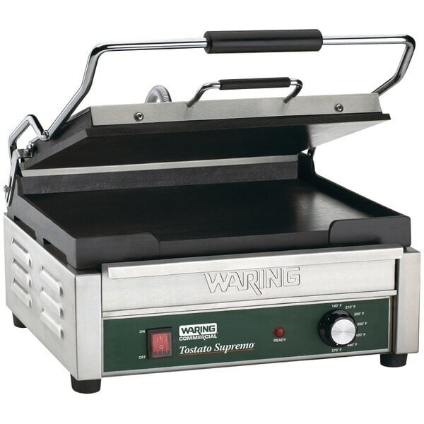 Scratch and Dent Waring WFG250 Tostato Supremo Large Smooth Top & Bottom Panini Grill - 14 1/2" x 11" Cooking Surface - 120V, 1800W