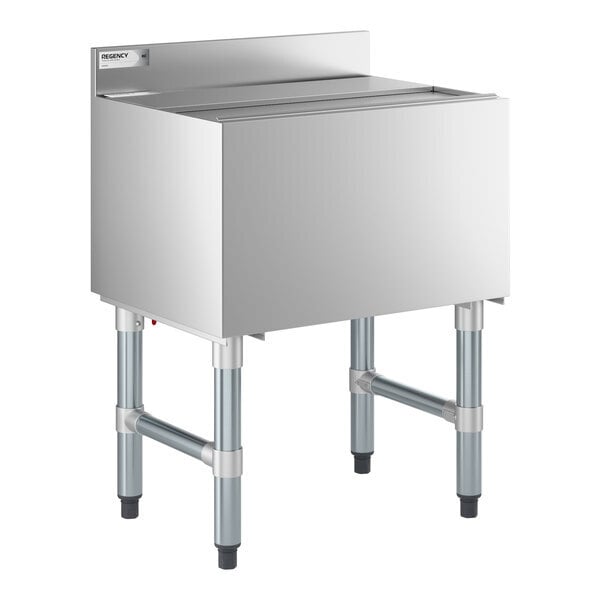 Scratch and Dent Regency 18" x 24" Underbar Ice Bin with 7 Circuit Post-Mix Cold Plate, Bottle Holders, and Sliding Lid - 51 lb.