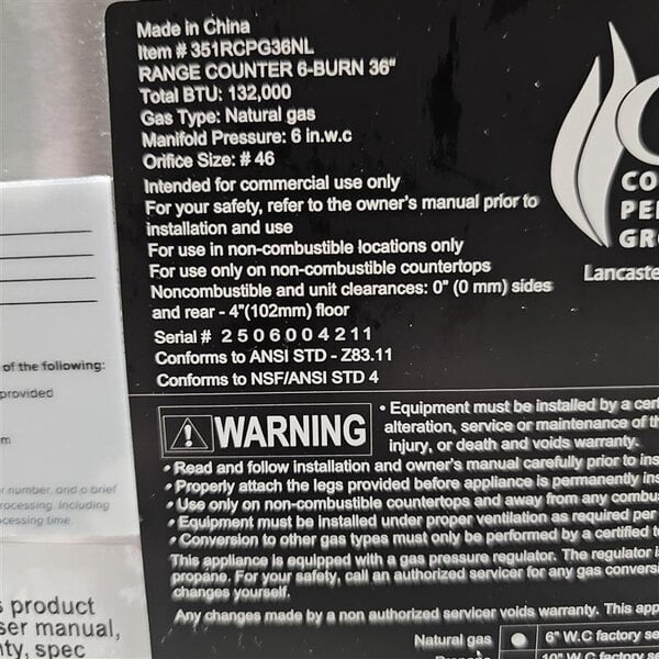 Scratch and Dent Cooking Performance Group R-CPG-36-NL 6 Burner Gas Countertop Range / Hot Plate - 132,000 BTU