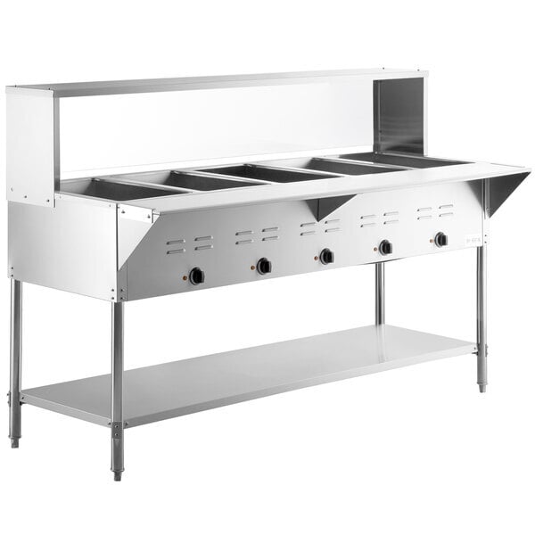 Scratch and Dent Avantco STE-5SG Five Pan Open Well Electric Steam Table with Undershelf, Overshelf, and Sneeze Guard - 208/240V, 3750W