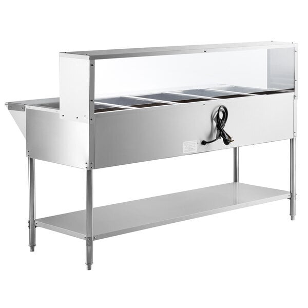 Scratch and Dent Avantco STE-5SG Five Pan Open Well Electric Steam Table with Undershelf, Overshelf, and Sneeze Guard - 208/240V, 3750W