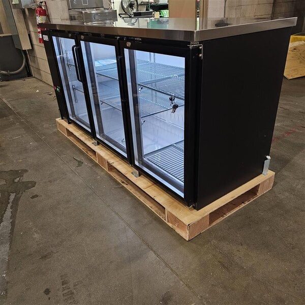Scratch and Dent Avantco UBB-378-G-HC 78" Black Counter Height Glass Door Back Bar Refrigerator with LED Lighting