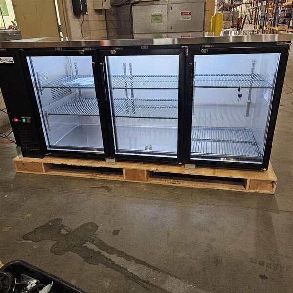 Scratch and Dent Avantco UBB-378-G-HC 78" Black Counter Height Glass Door Back Bar Refrigerator with LED Lighting