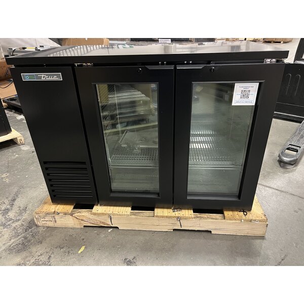 Scratch and Dent True TBB24-48-2G-Z1-BST-B-1 48 1/8" Black Glass Door Back Bar Refrigerator with Black Sub Top and LED Lighting