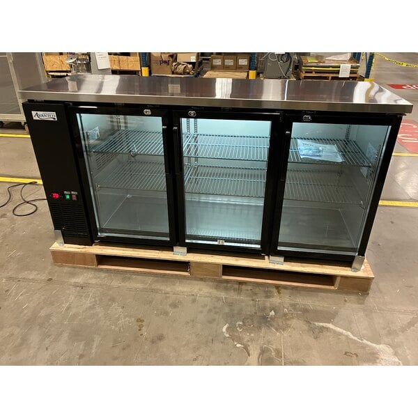 Scratch and Dent Avantco UBB-72G-HC 73" Black Counter Height Narrow Glass Door Back Bar Refrigerator with LED Lighting